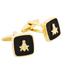 Pair of gold and black cufflinks featuring a gold masonic square and compass