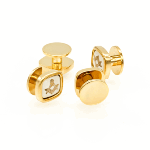 Image of four gold shirt studs with white inserts featuring a gold Masonic square and compass emblem