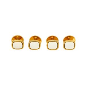 Image of 4 gold shirt studs in square shape with rounded edges and white inserts.