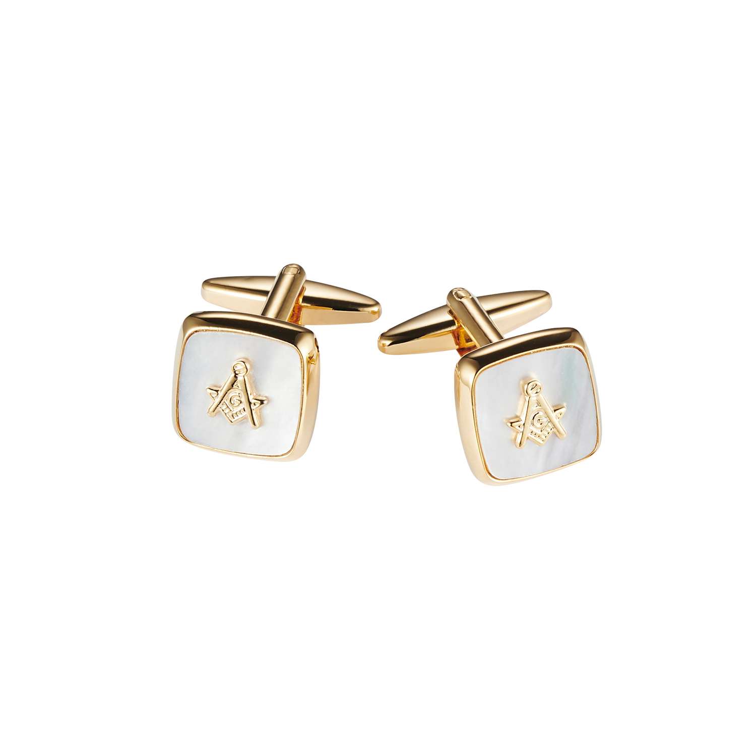 Pair of gold and white cuff links featuring a gold square and compass