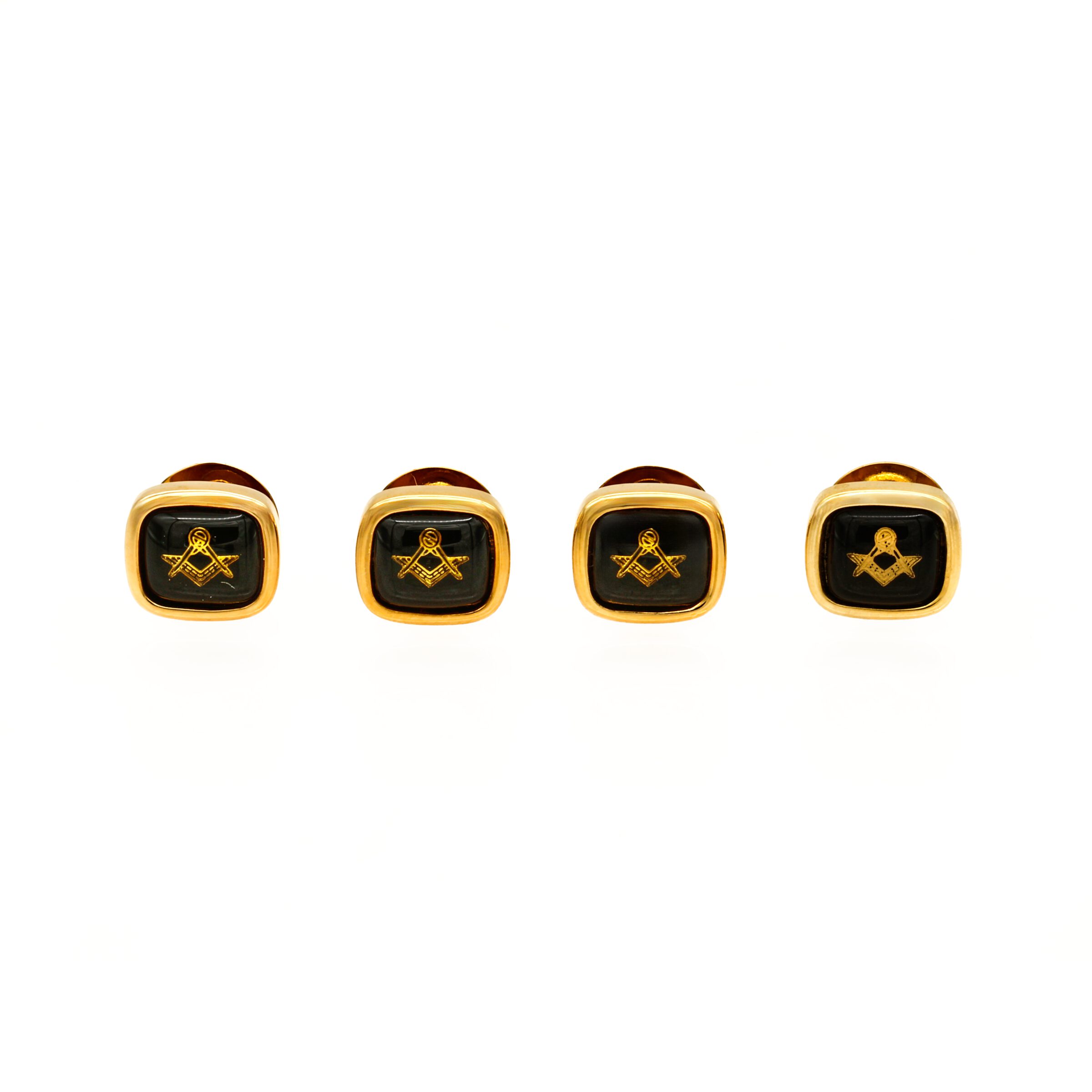 Image of four gold shirt studs with black insert feturing gold Masonic square and compass emblem