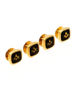 Image of four gold shirt studs with black insert feturing gold Masonic square and compass emblem